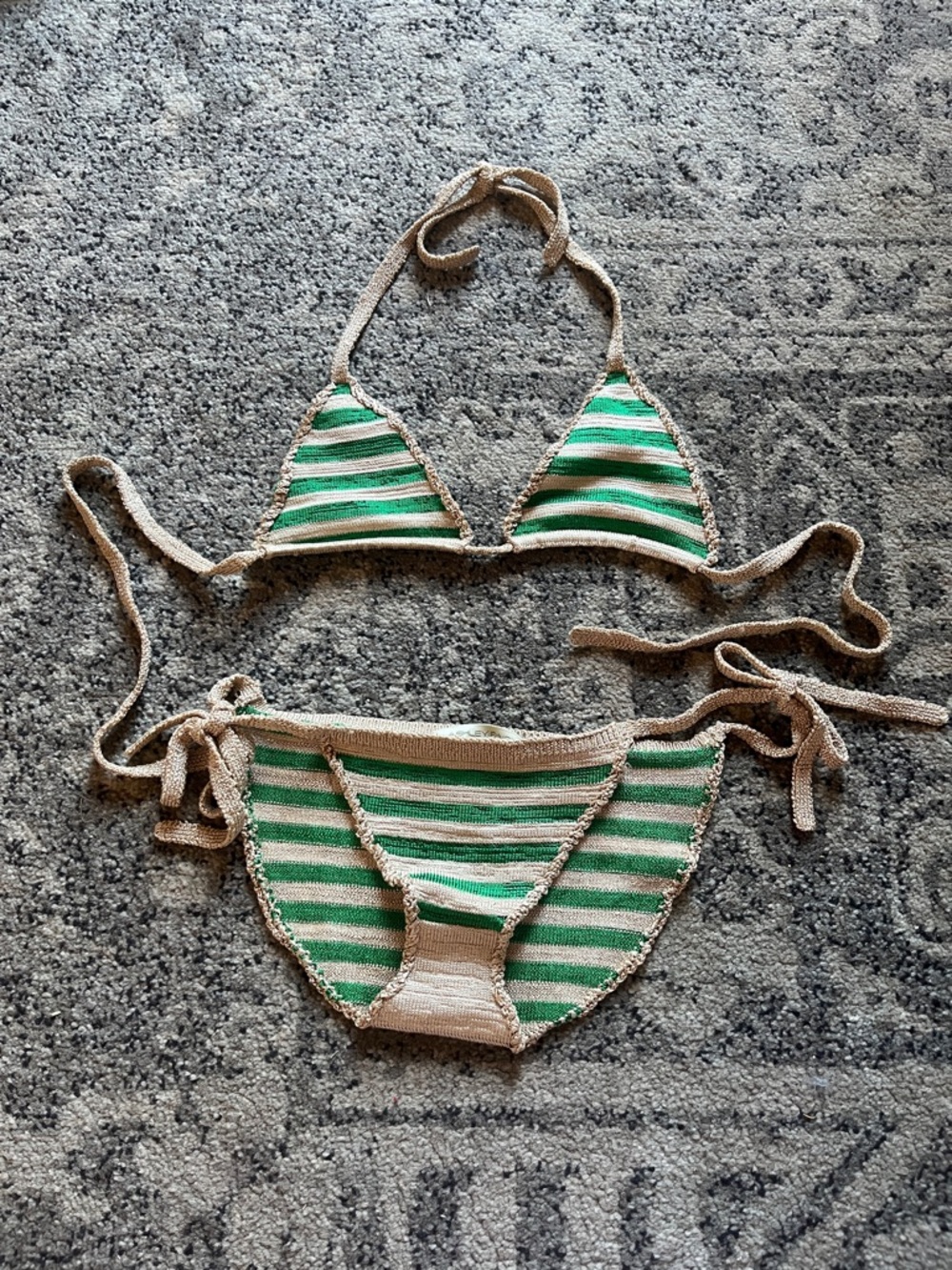 Ashley Paige Green and Cream Striped Crochet Bikini